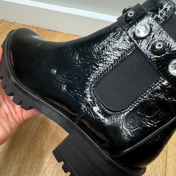 NEW Karl Lagerfeld Black Shiny Leather Porshay Lug Sole Studded Bootie Boot - Picture 4 of 9